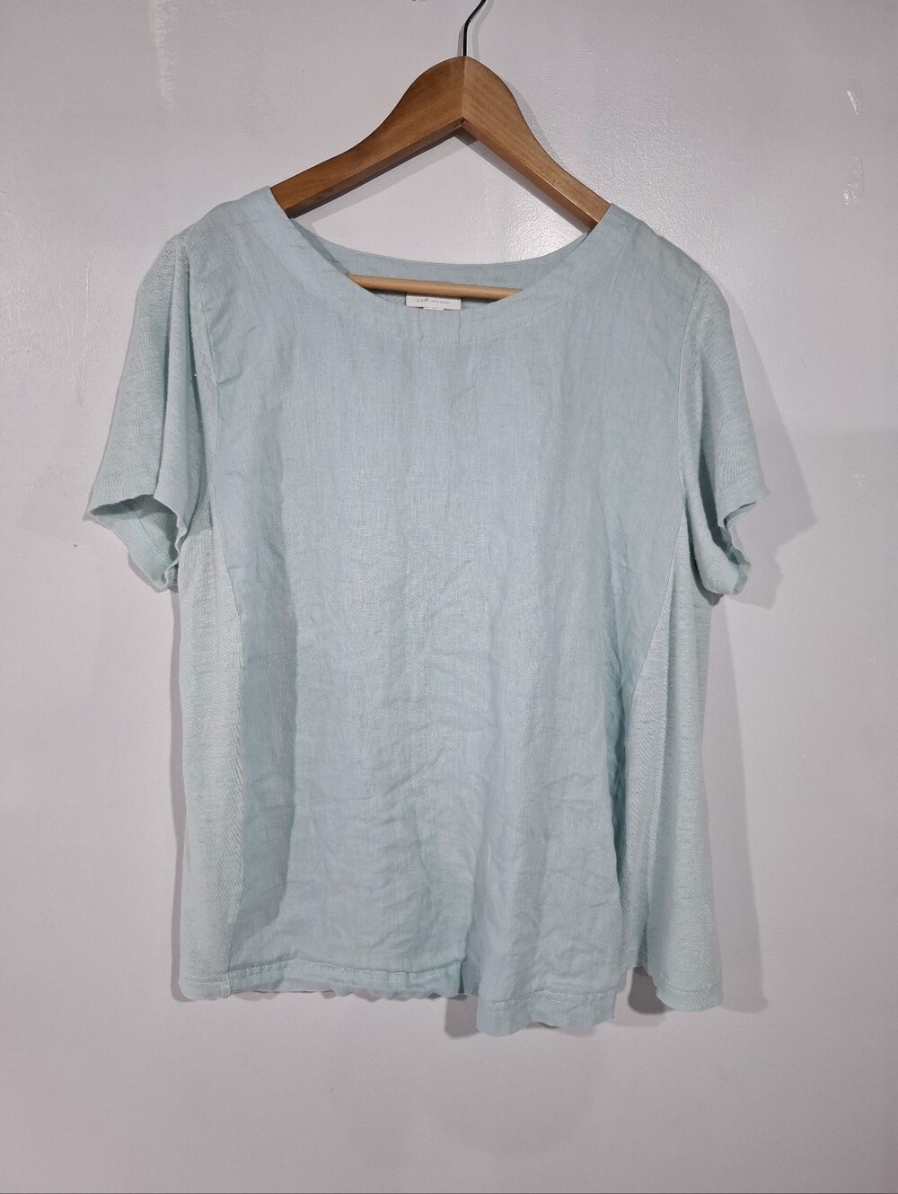 J Jill Love Linen Green Mint Top Blouse Sz L Knit Woven 100% Linen Short Slevee